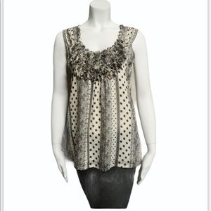 BLUE VELVET: Ivory/Black Ruffle Tank